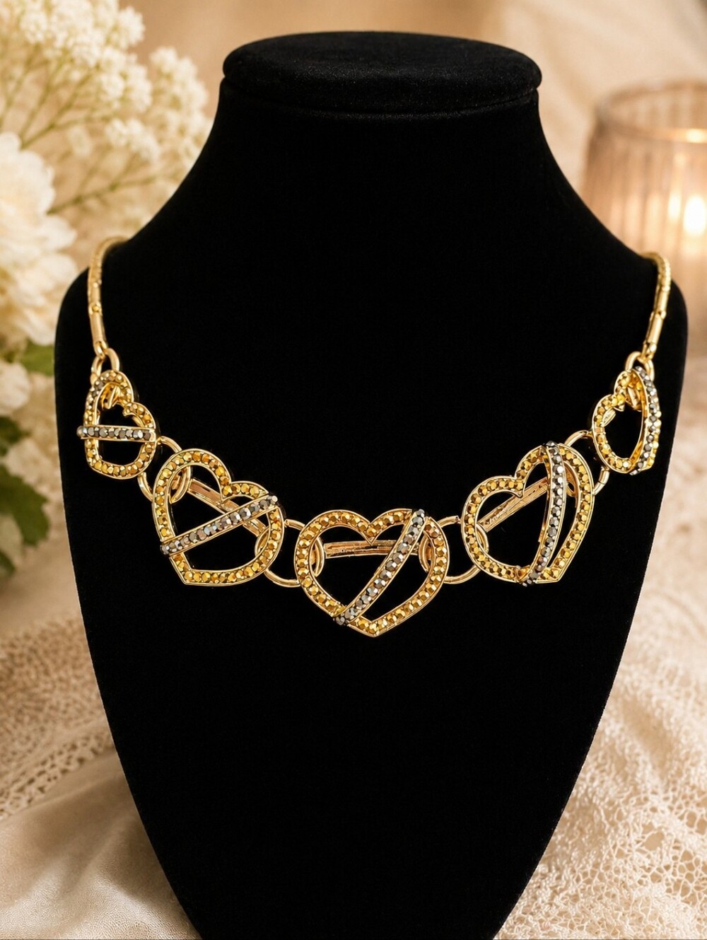 Vintage Gold Tone Heart Necklace – Marcasite-Style Stones – New Old Stock